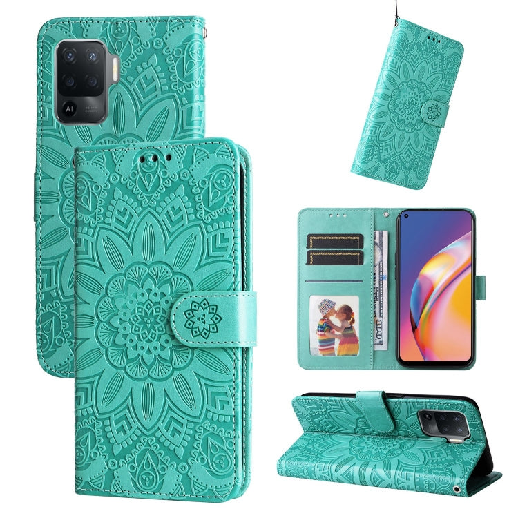 Teal embossed sunflower leather-style wallet phone case with card slots and stand