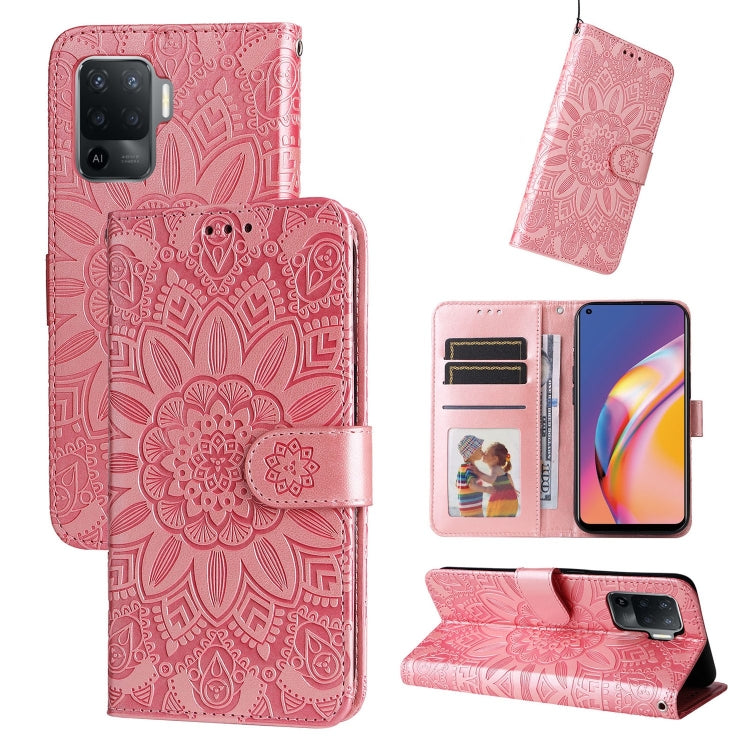 Pink embossed sunflower leather wallet phone case with card slots and stand cover