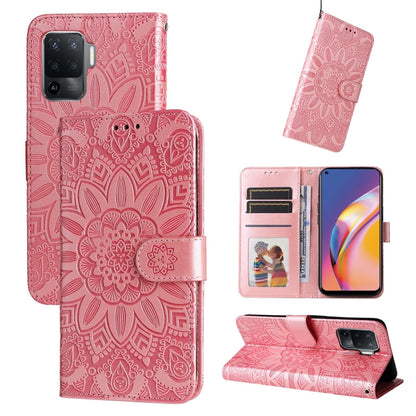 Pink embossed sunflower leather wallet phone case with card slots and stand cover