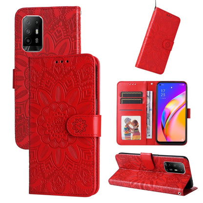 Red embossed sunflower leather wallet phone case with card slots and stand cover