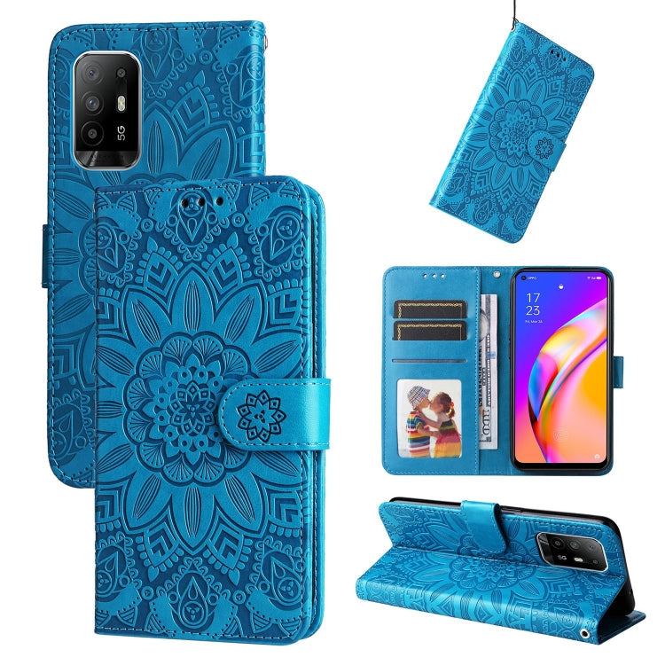 Blue embossed sunflower leather wallet phone case with card slots and stand cover