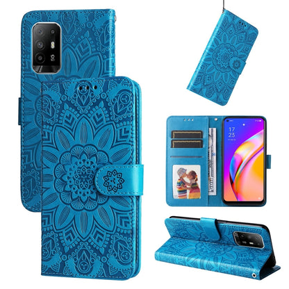 Blue embossed sunflower leather wallet phone case with card slots and stand cover