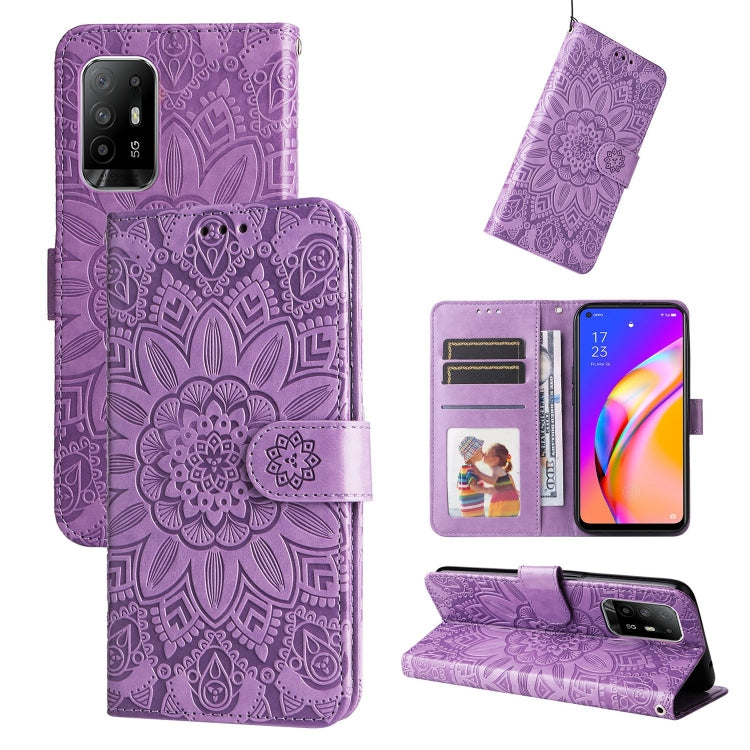 Purple embossed sunflower leather wallet phone case with card slots and stand cover