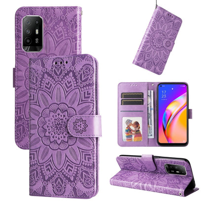 Purple embossed sunflower leather wallet phone case with card slots and stand cover