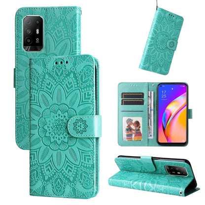 Teal embossed sunflower leather wallet phone case with card slots and stand cover