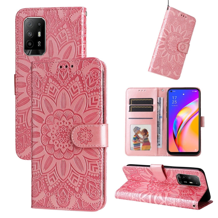 Pink embossed sunflower leather wallet phone case with card slots and stand cover