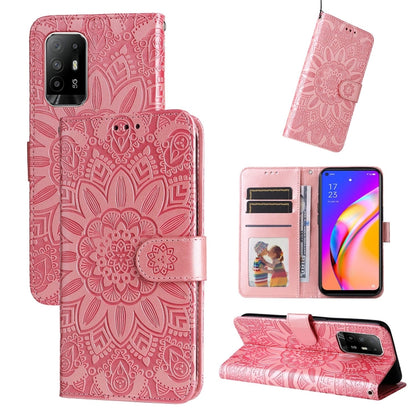 Pink embossed sunflower leather wallet phone case with card slots and stand cover