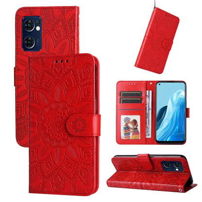 Red embossed sunflower leather wallet phone case with card slots and stand cover