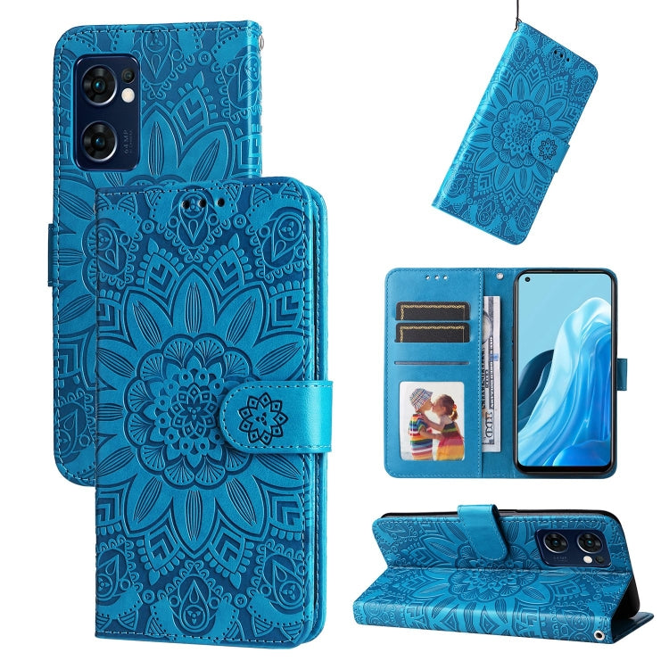 Blue embossed sunflower leather wallet phone case with card slots and stand cover