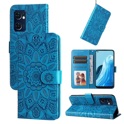 Blue embossed sunflower leather wallet phone case with card slots and stand cover