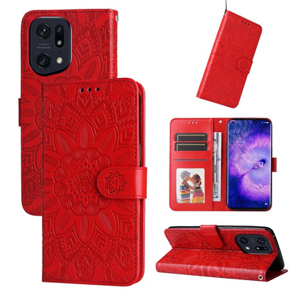Sunflower embossed leather phone wallet case in red, embossed pattern, card slots