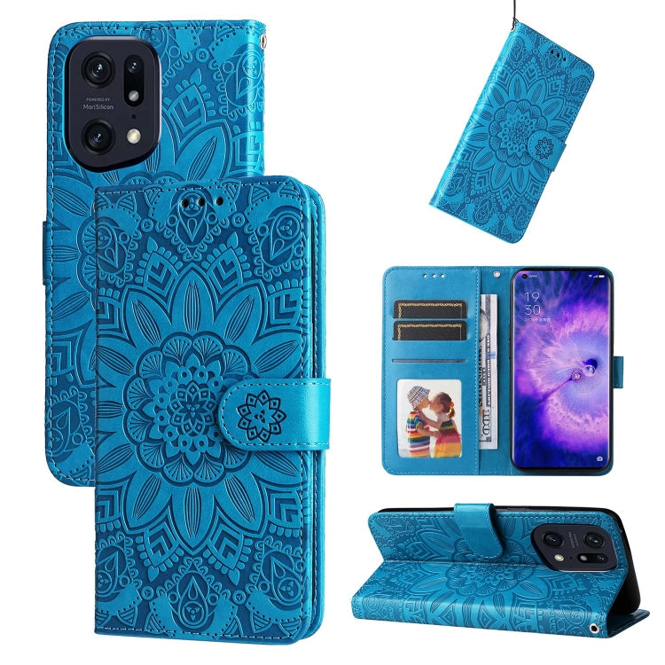 Sunflower embossed leather phone wallet case in blue, flip cover with card slots and stand