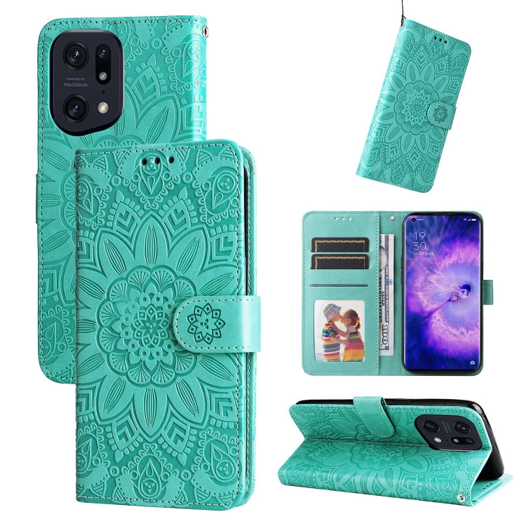 Sunflower embossed leather phone wallet case in teal green, flip cover with card slots