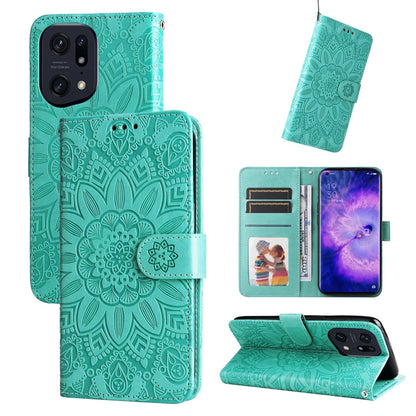 Sunflower embossed leather phone wallet case in teal green, flip cover with card slots