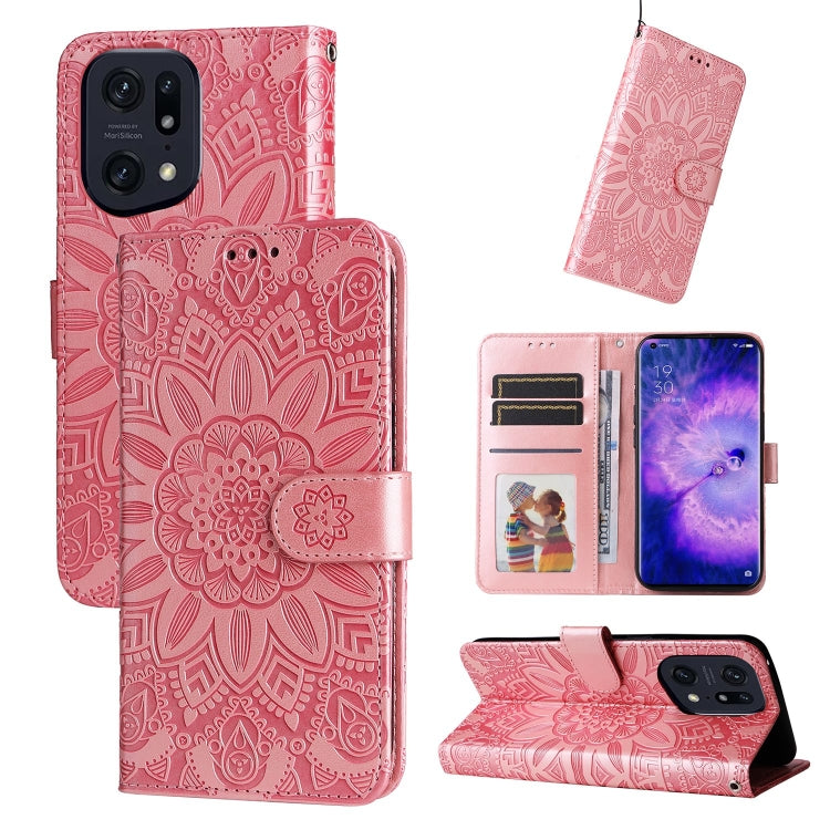 Rose pink sunflower embossed leather phone wallet case with flip cover and card slots