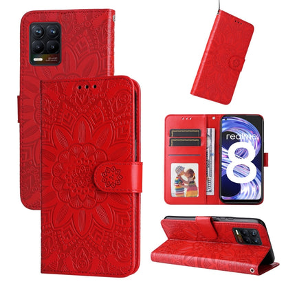 Red sunflower embossed leather phone wallet case with flip cover and card slots