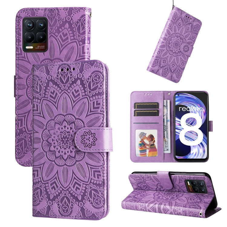 Purple sunflower embossed leather phone wallet case with flip cover and card slots