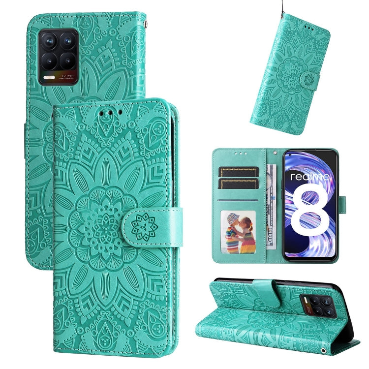 Teal green sunflower embossed leather phone wallet case with flip cover and card slots