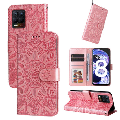 Rose pink embossed sunflower leather phone case wallet with card slots and flip cover