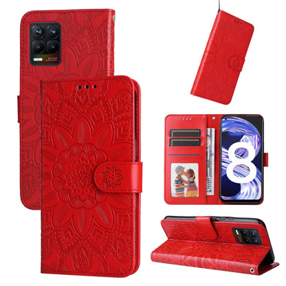 Red embossed sunflower leather phone case wallet with card slots and magnetic flip cover