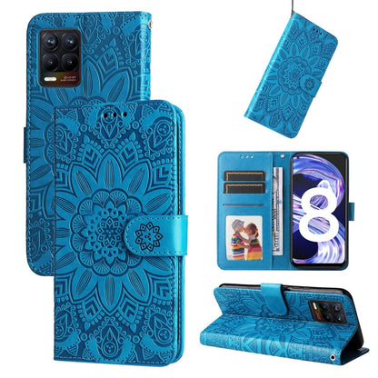 Blue embossed sunflower leather phone case wallet with card slots and flip stand cover
