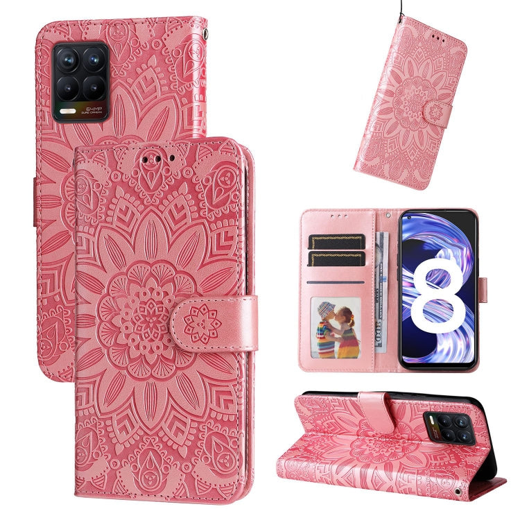 Rose pink embossed sunflower leather phone case wallet with card slots and kickstand cover