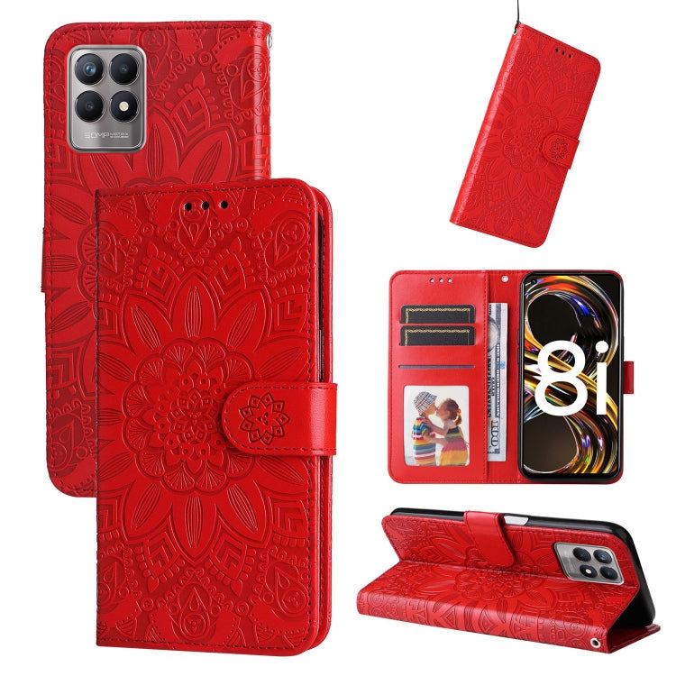 Red embossed sunflower leather phone case wallet with card slots and flip stand cover