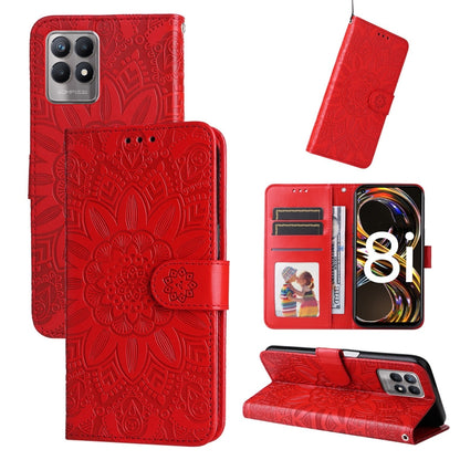 Red embossed sunflower leather phone case wallet with card slots and flip stand cover