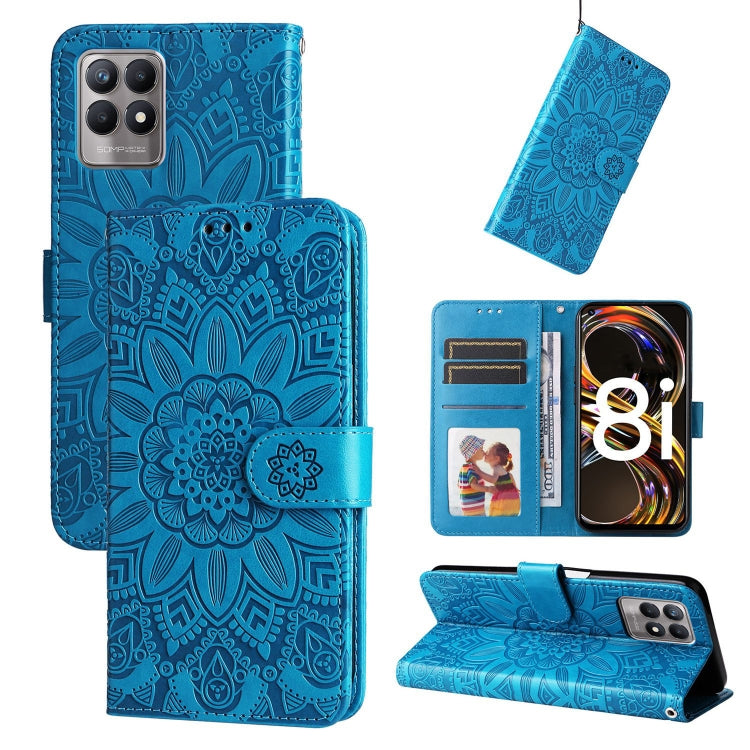 Blue embossed sunflower leather phone case wallet with card slots and kickstand cover