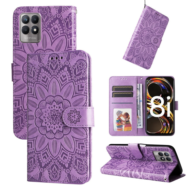 Purple embossed sunflower leather phone case wallet with card slots and flip stand cover