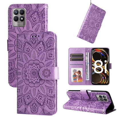 Purple embossed sunflower leather phone case wallet with card slots and flip stand cover