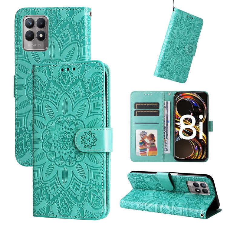 Teal embossed sunflower leather phone case wallet with card slots and kickstand cover