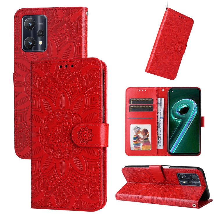 Red embossed sunflower leather phone case with magnetic flip cover and card slots