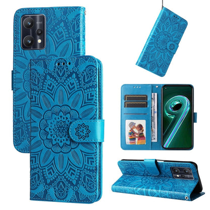 Blue embossed sunflower leather phone case with magnetic flip cover and stand