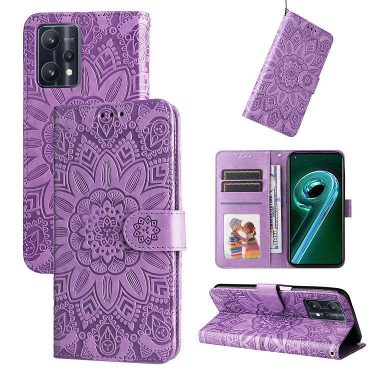 Purple embossed sunflower leather phone case with magnetic flip cover and card slots