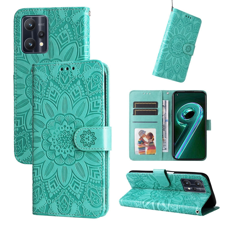 Teal embossed sunflower leather phone case with magnetic flip cover and card slot