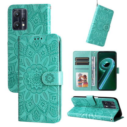 Teal embossed sunflower leather phone case with magnetic flip cover and card slot