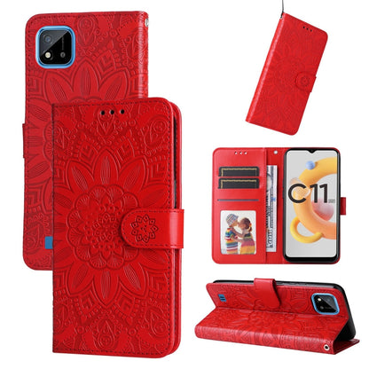 Red embossed sunflower leather phone case with magnetic flip cover and wallet panel
