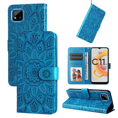 Blue embossed sunflower leather phone case with magnetic flip cover and card slots