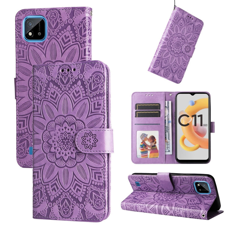 Purple embossed sunflower leather phone case with magnetic flip cover and card slot