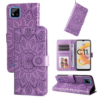 Purple embossed sunflower leather phone case with magnetic flip cover and card slot