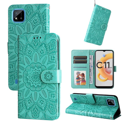 Teal embossed sunflower leather phone case with magnetic flip cover and wallet panel