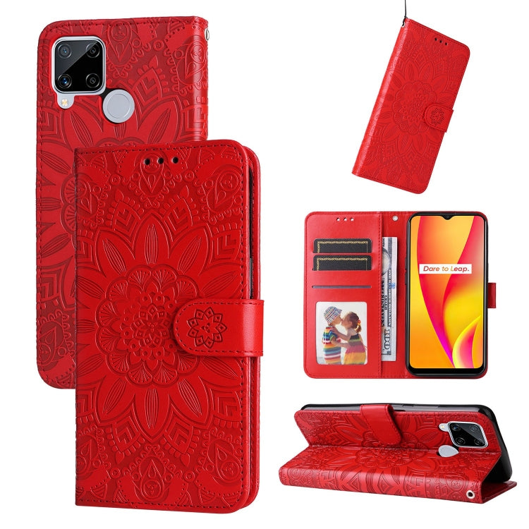 Red embossed sunflower leather wallet phone case with magnetic flap