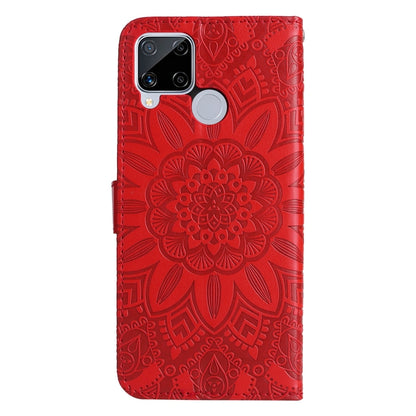 Red embossed sunflower leather phone case with cutouts for camera and flash