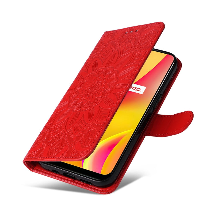 Red embossed sunflower leather flip phone case for front and back protection