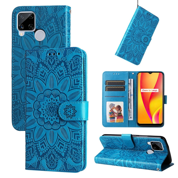 Blue embossed sunflower leather wallet phone case with magnetic flap