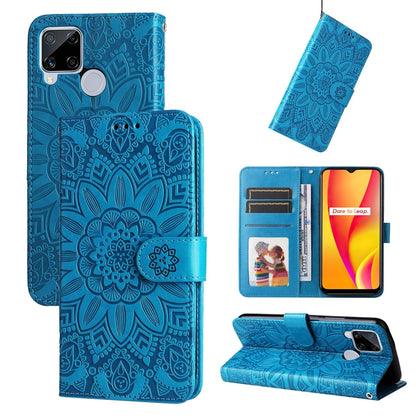 Blue embossed sunflower leather wallet phone case with magnetic flap