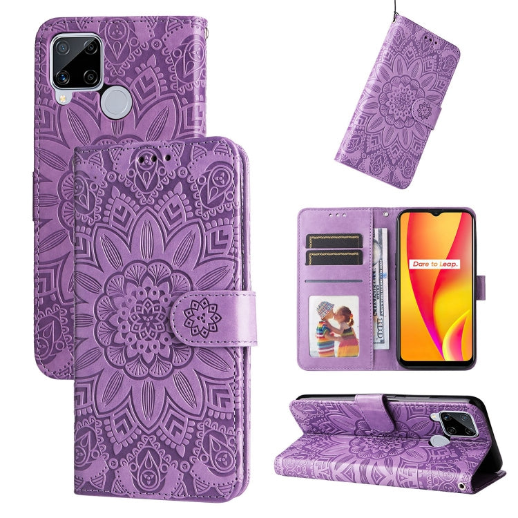 Purple embossed sunflower leather wallet phone case with magnetic flap