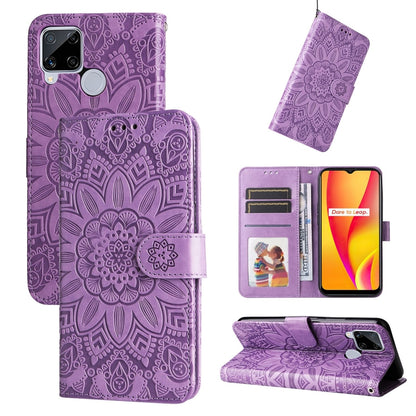 Purple embossed sunflower leather wallet phone case with magnetic flap