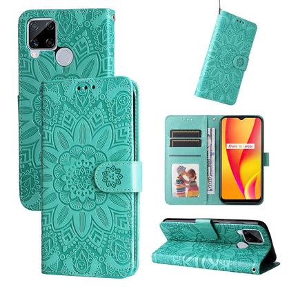 Teal embossed sunflower leather wallet phone case with magnetic flap